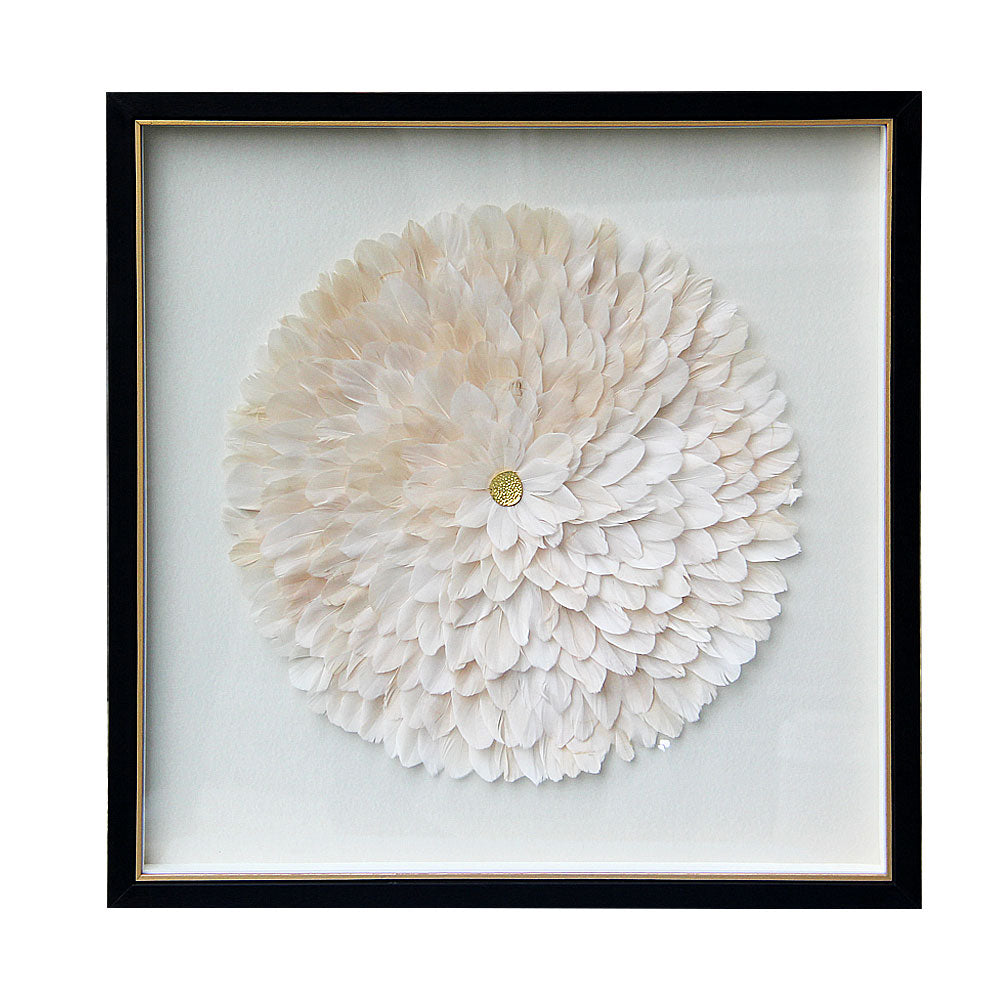 Handmade Natural White Feather Flower Black Gold Trim Shadow Box Wall Decor