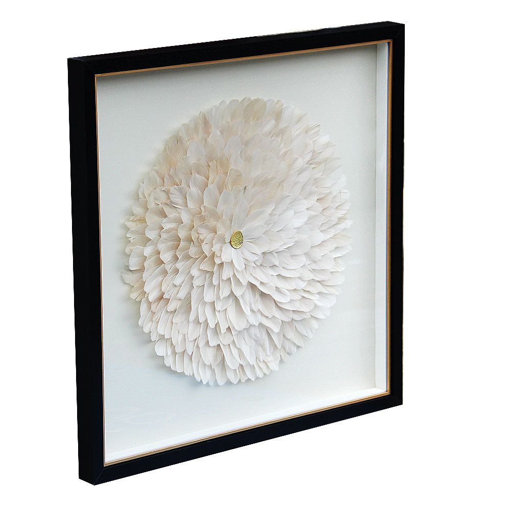 Handmade Natural White Feather Flower Black Gold Trim Shadow Box Wall Decor