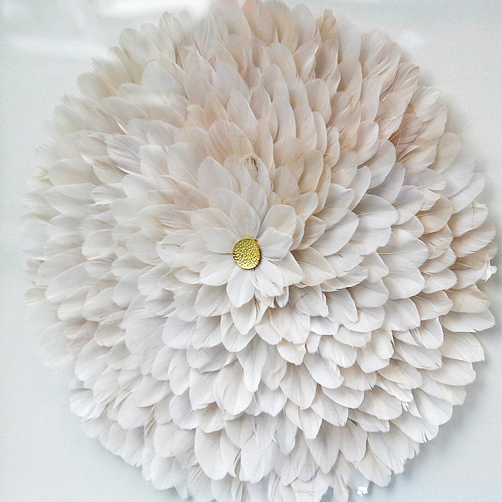 Cream White Layered Feather Dimensional Flower Framed Wall Art for Luxury Home & Hotel