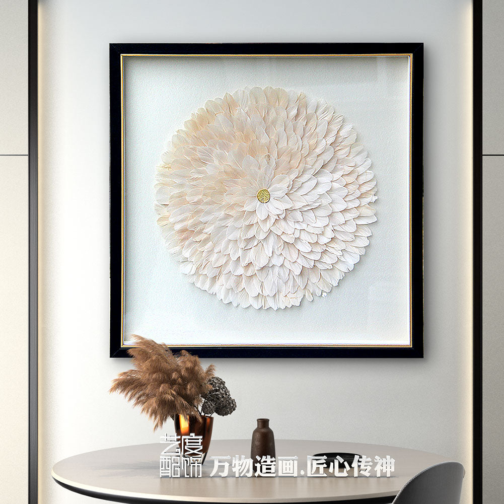 Cream White Layered Feather Dimensional Flower Framed Wall Art for Luxury Home & Hotel