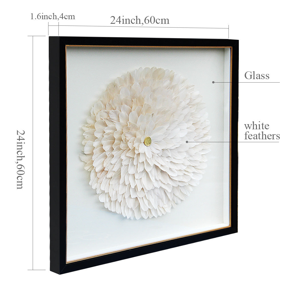 Handmade Natural White Feather Flower Black Gold Trim Shadow Box Wall Decor