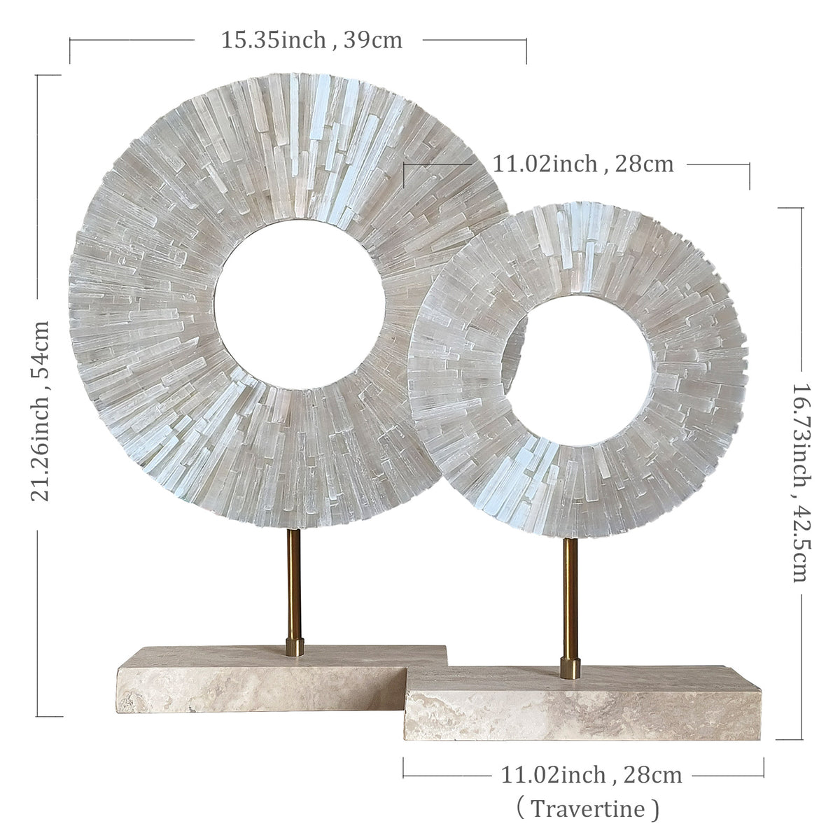 Natural White Calcite Sphere Sculpture Pair | Travertine Base & Metal Rod