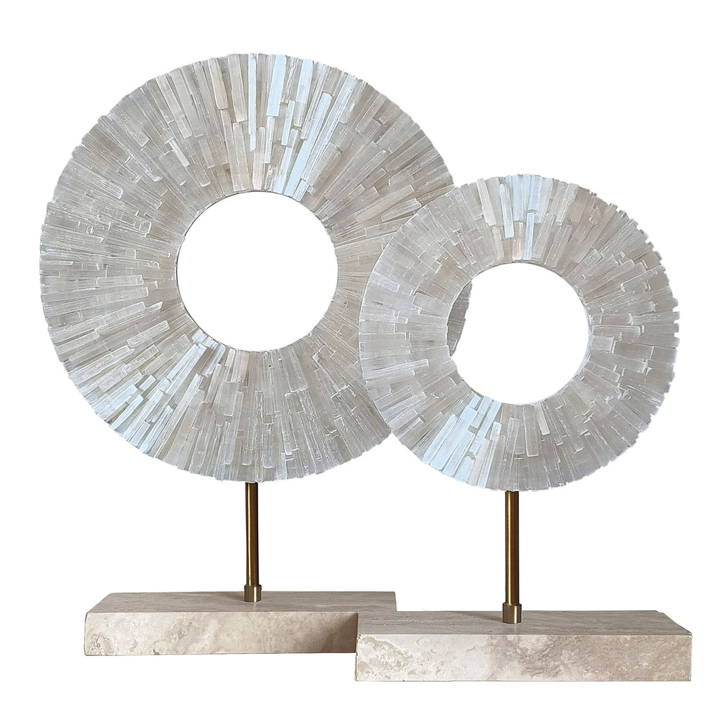 Natural White Calcite Sphere Sculpture Pair | Travertine Base & Metal Rod
