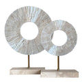 Natural White Calcite Sphere Sculpture Pair | Travertine Base & Metal Rod