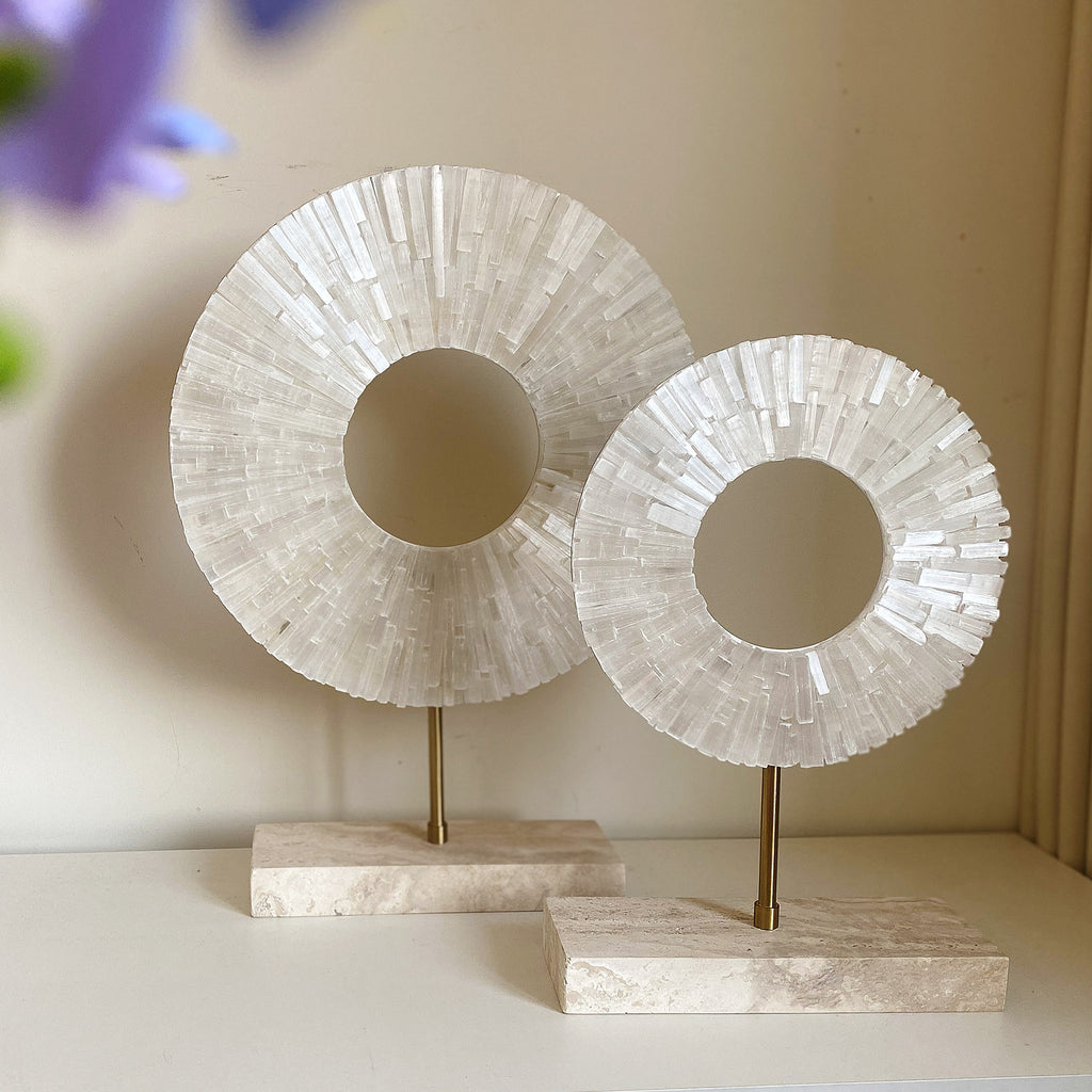 Natural White Calcite Sphere Sculpture Pair | Travertine Base & Metal Rod