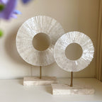 Natural White Calcite Sphere Sculpture Pair | Travertine Base & Metal Rod