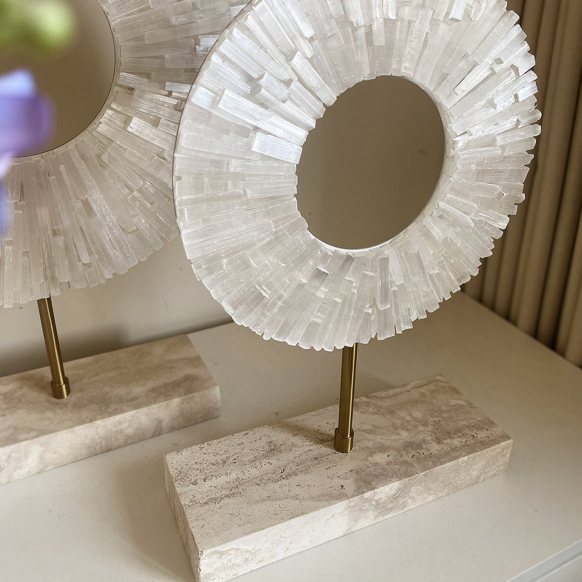 Natural White Calcite Sphere Sculpture Pair | Travertine Base & Metal Rod