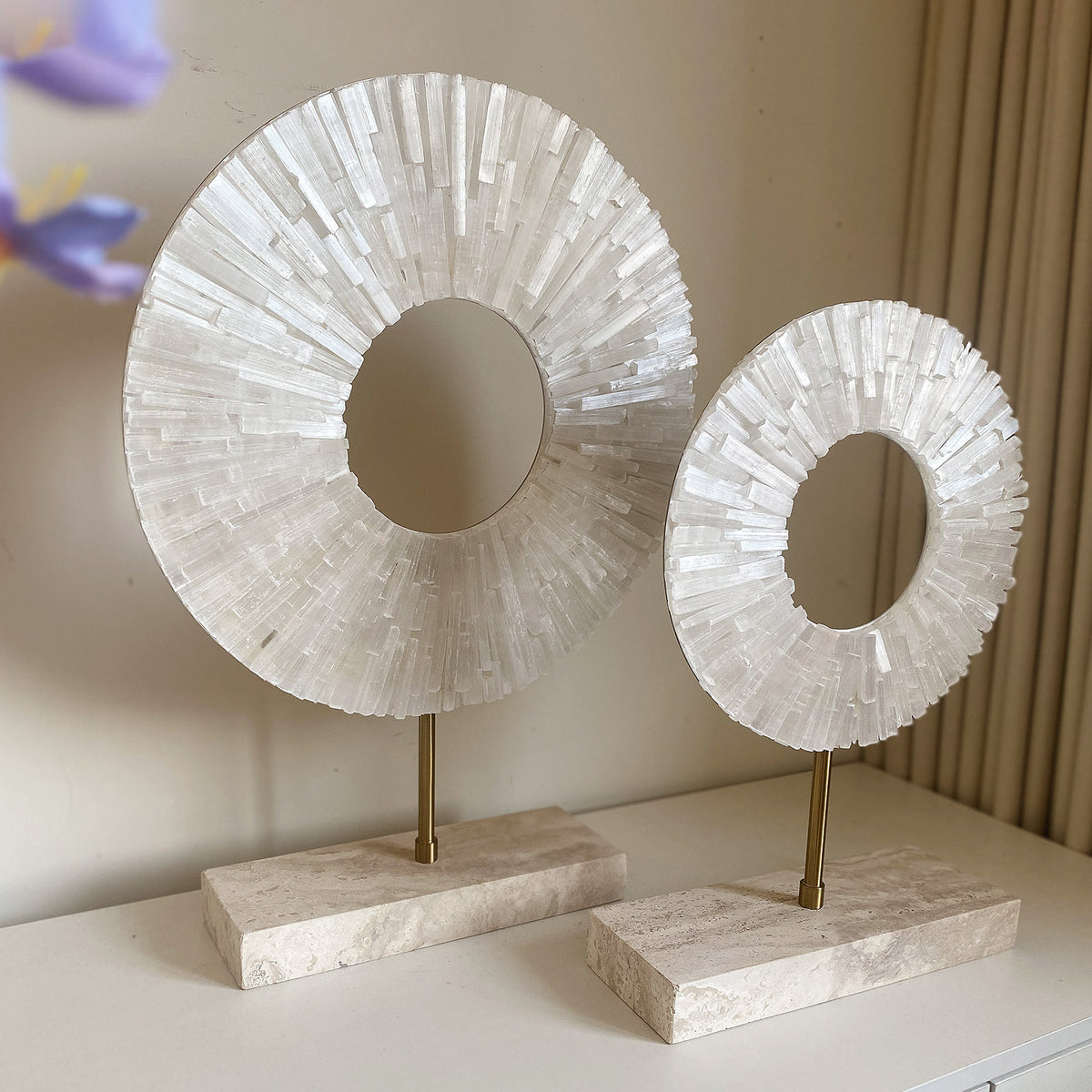 Natural White Calcite Sphere Sculpture Pair | Travertine Base & Metal Rod