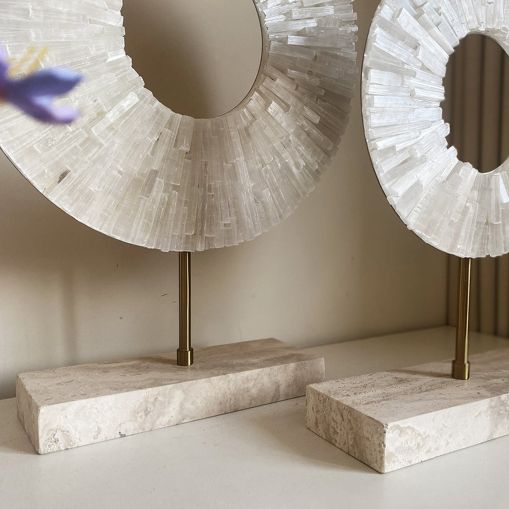 Natural White Calcite Sphere Sculpture Pair | Travertine Base & Metal Rod