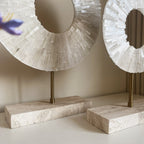 Natural White Calcite Sphere Sculpture Pair | Travertine Base & Metal Rod