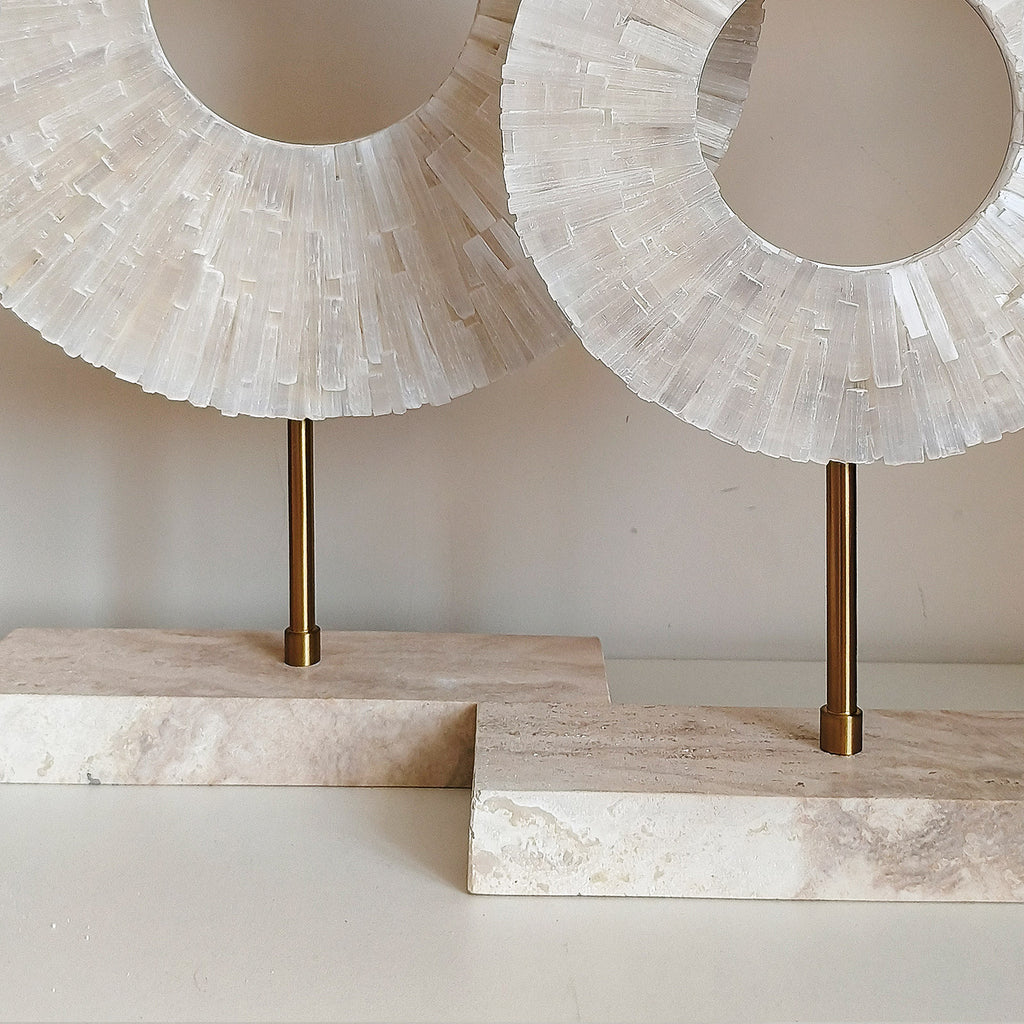 Natural White Calcite Sphere Sculpture Pair | Travertine Base & Metal Rod
