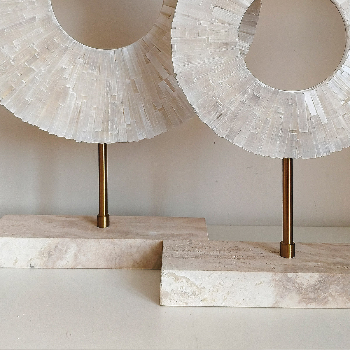 Natural White Calcite Sphere Sculpture Pair | Travertine Base & Metal Rod