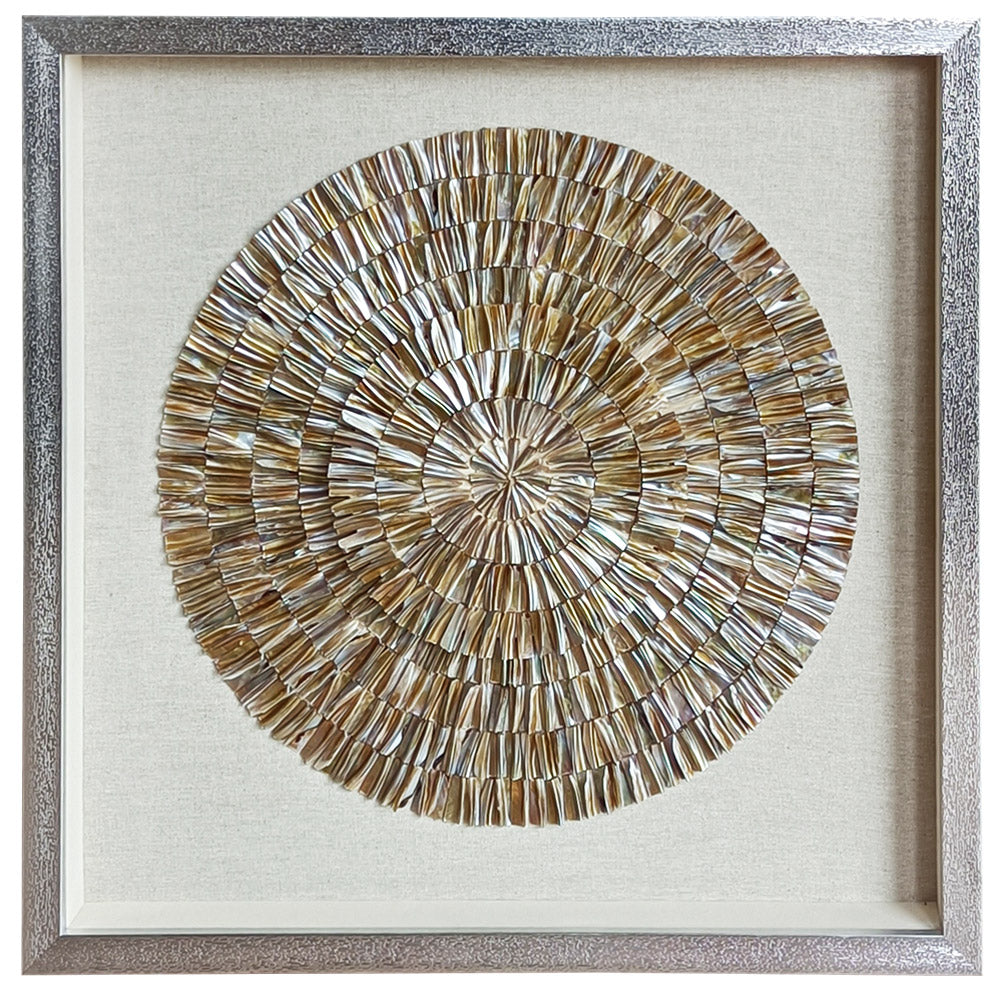 Handmade golden mother of pearl shell wall art in silver shadow box frame, full view