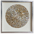 Handmade golden mother of pearl shell wall art in silver shadow box frame, full view