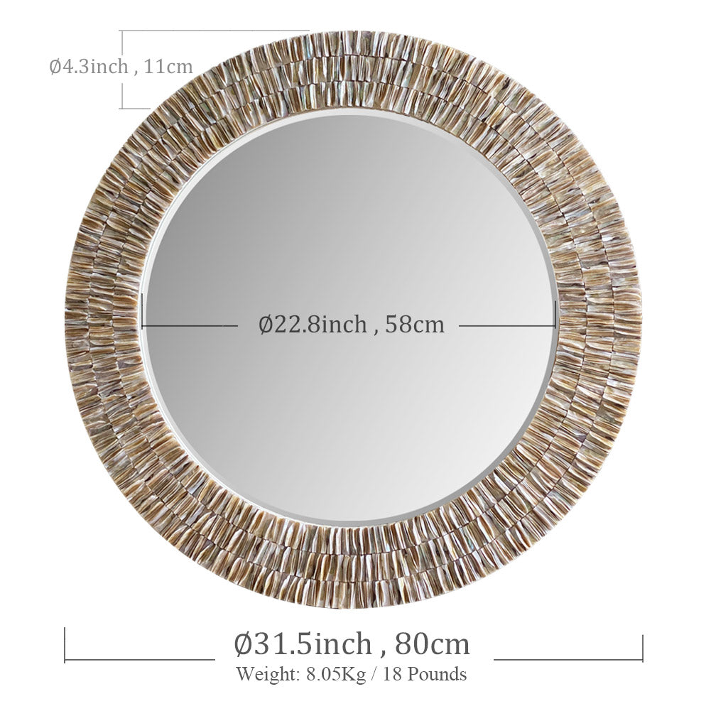 31.5inch Round Capiz Shell Mirror Handmade Circle Mosaic Pearl Wall Art for Corridor,Living Rooms,Bedrooms wall Decor Framed Wall Mirror