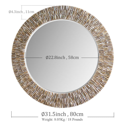 31.5inch Round Capiz Shell Mirror Handmade Circle Mosaic Pearl Wall Art for Corridor,Living Rooms,Bedrooms wall Decor Framed Wall Mirror