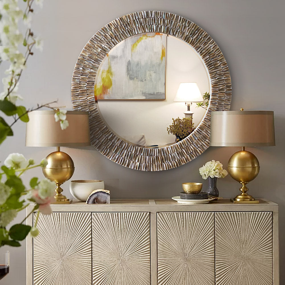 31.5inch Round Capiz Shell Mirror Handmade Circle Mosaic Pearl Wall Art for Corridor,Living Rooms,Bedrooms wall Decor Framed Wall Mirror