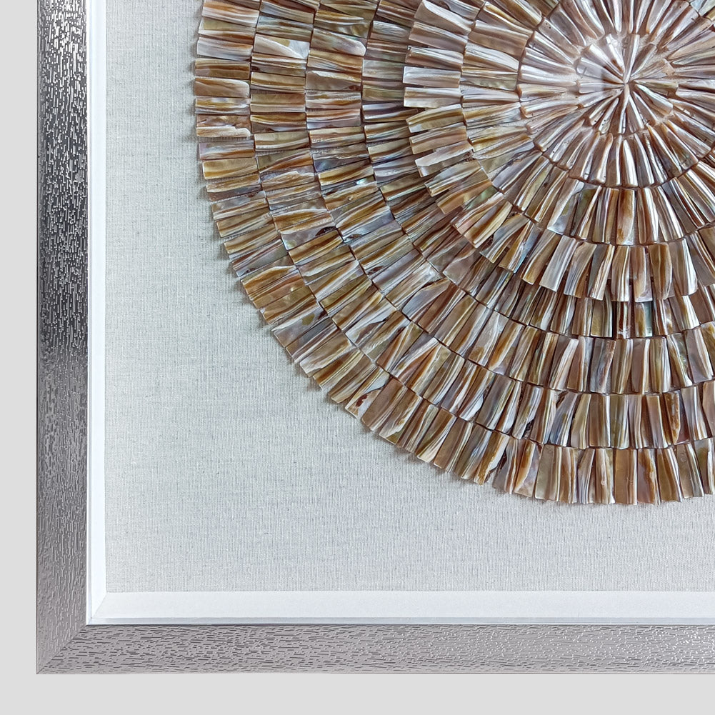 Mother of pearl shell wall art side view showing silver frame depth and glass front
