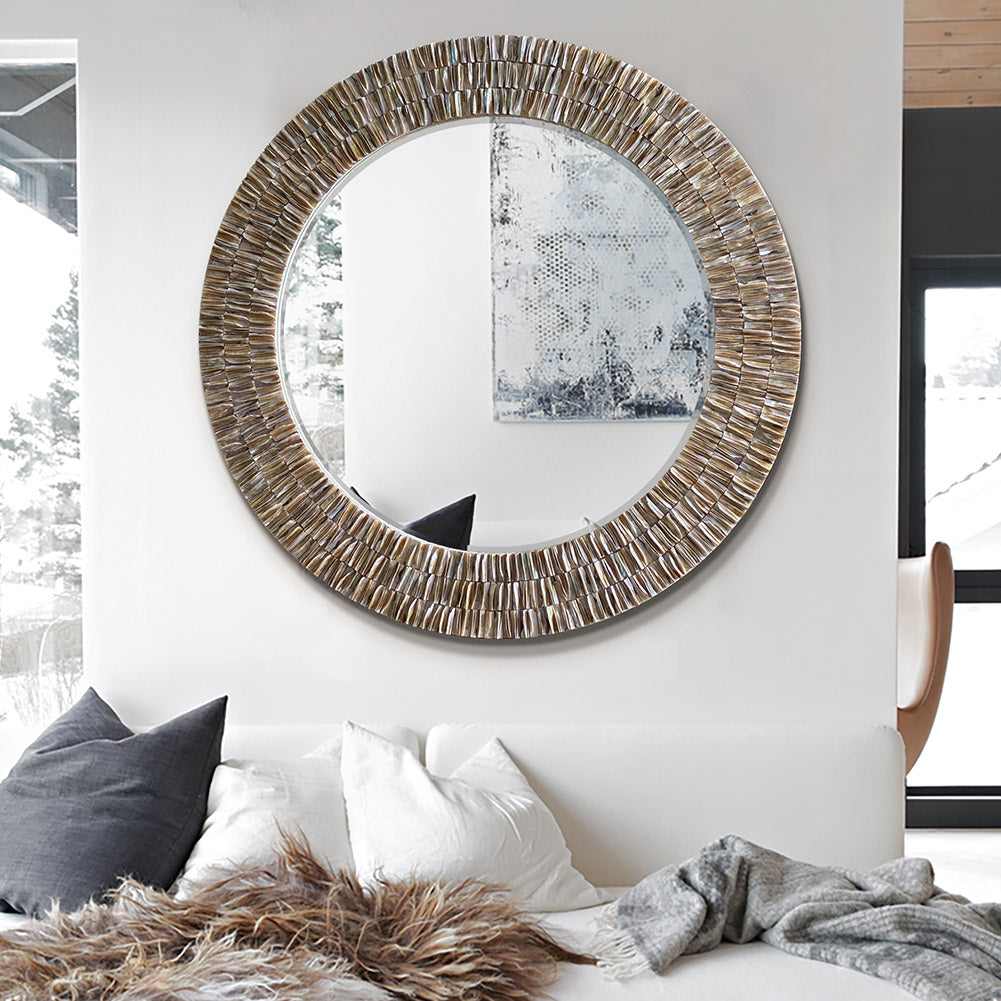 31.5inch Round Capiz Shell Mirror Handmade Circle Mosaic Pearl Wall Art for Corridor,Living Rooms,Bedrooms wall Decor Framed Wall Mirror