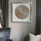 Natural shell radial pattern wall art, warm golden tones on linen mat background