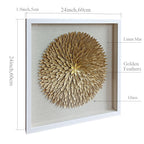 Handcrafted Golden Feather Sunburst Wall Art, White Framed Shadow Box Decor