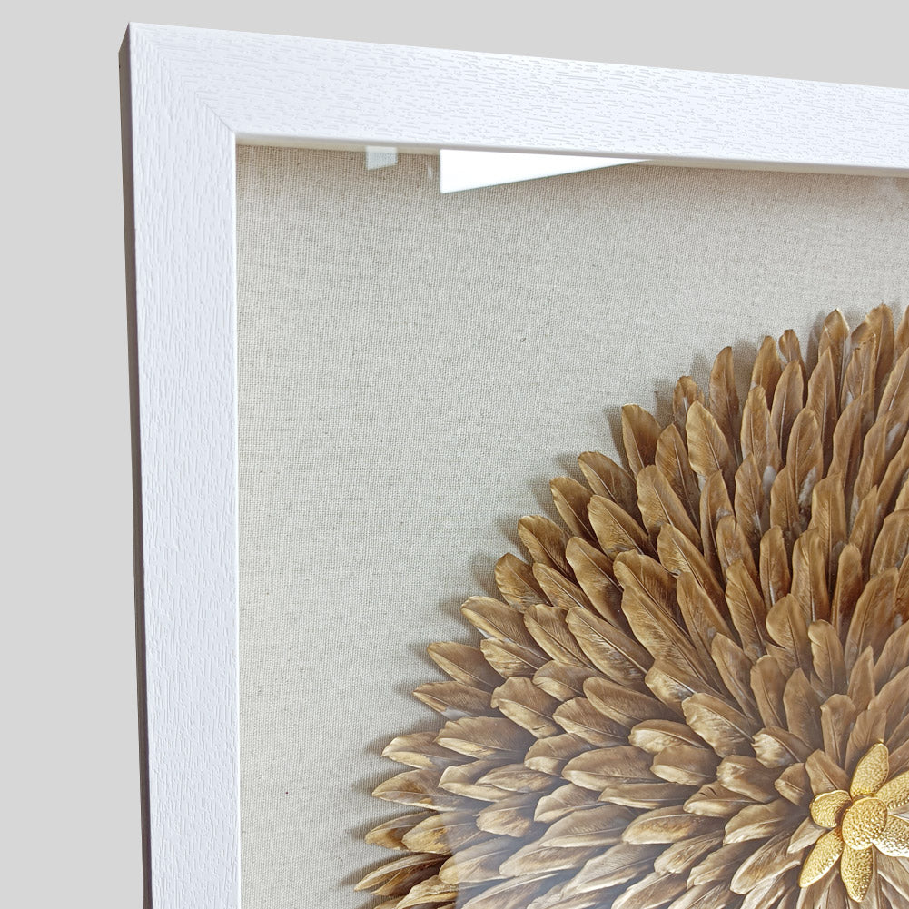 Handcrafted Golden Feather Sunburst Wall Art, White Framed Shadow Box Decor