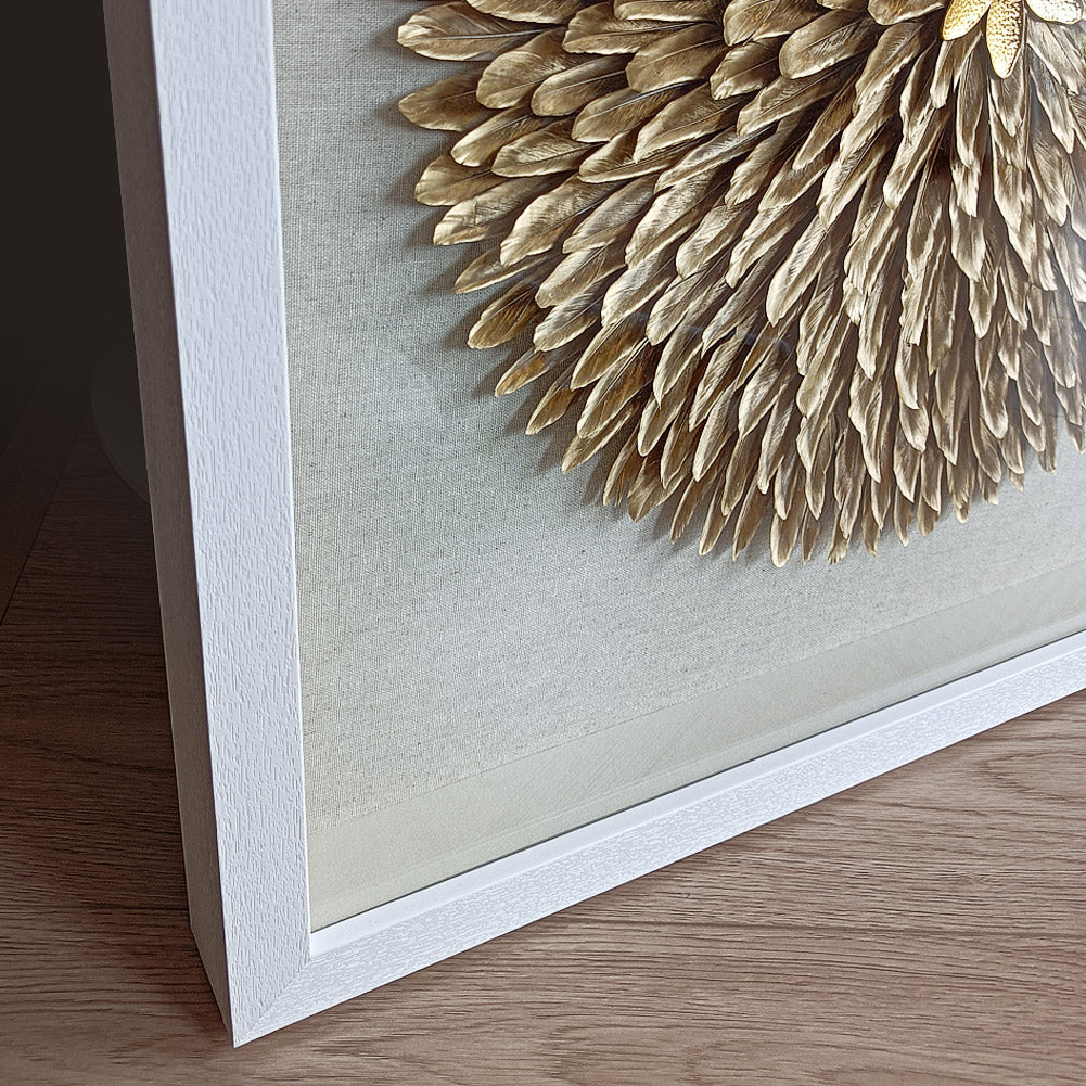 Handcrafted Golden Feather Sunburst Wall Art, White Framed Shadow Box Decor