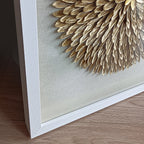 Handcrafted Golden Feather Sunburst Wall Art, White Framed Shadow Box Decor