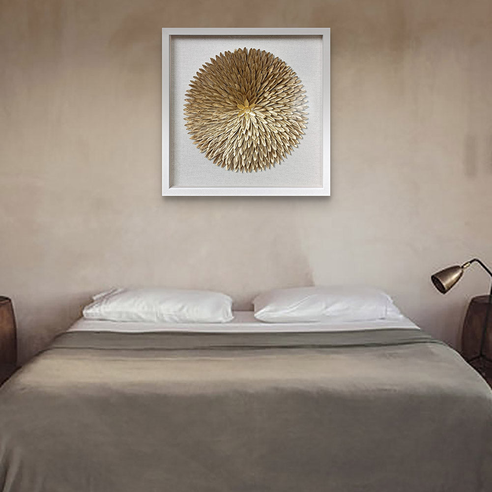 Handcrafted Golden Feather Sunburst Wall Art, White Framed Shadow Box Decor