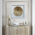 Handcrafted Golden Feather Sunburst Wall Art, White Framed Shadow Box Decor