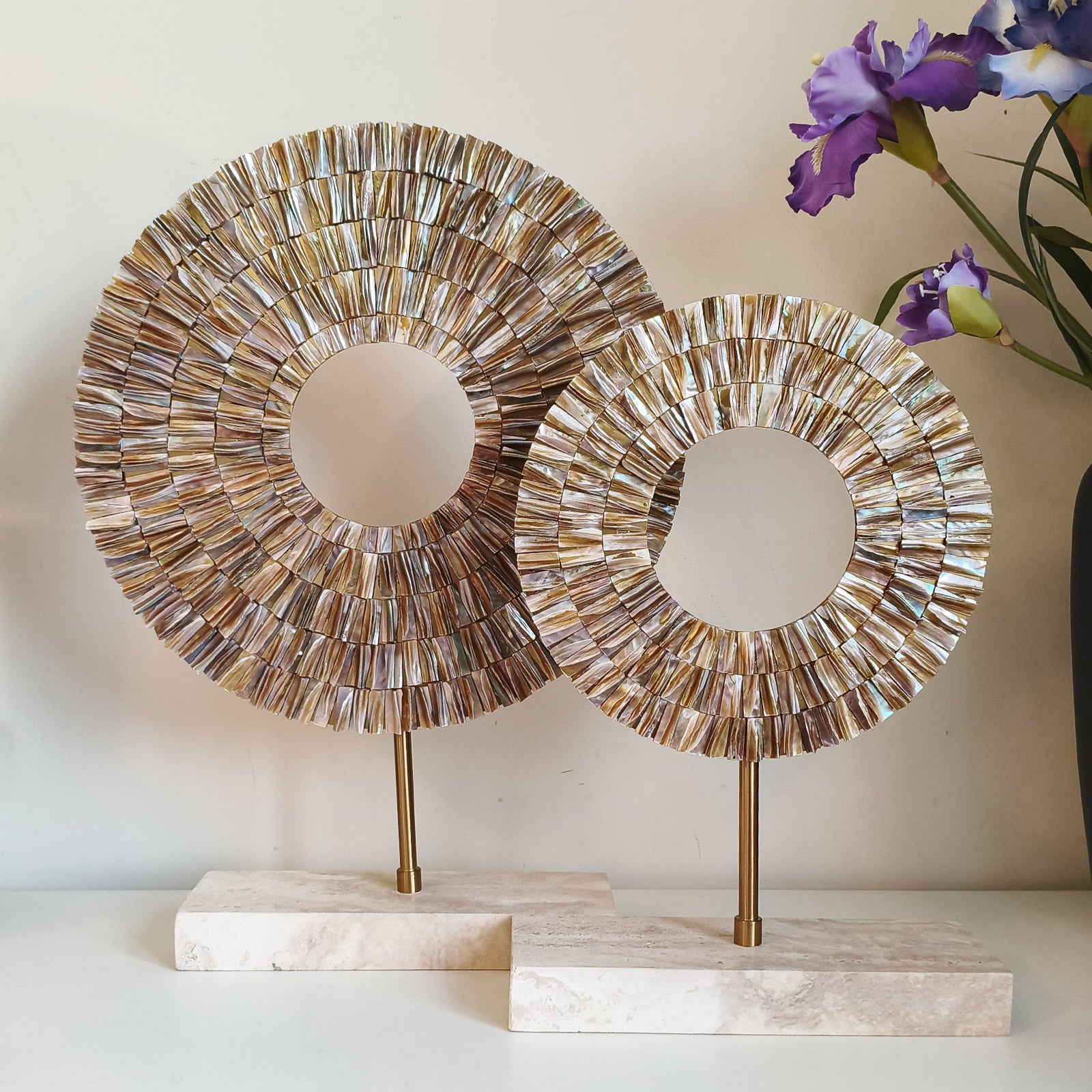 Mother of Pearl Sunburst Sculpture Set | 2-Piece Luxury Table Decor