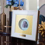 Purple crystal shadow box with natural amethyst geode and clear acrylic cover