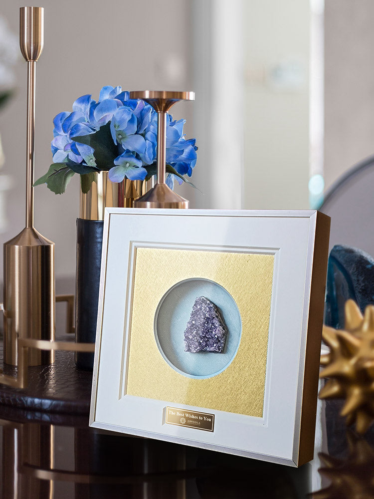 Purple crystal shadow box with natural amethyst geode and clear acrylic cover