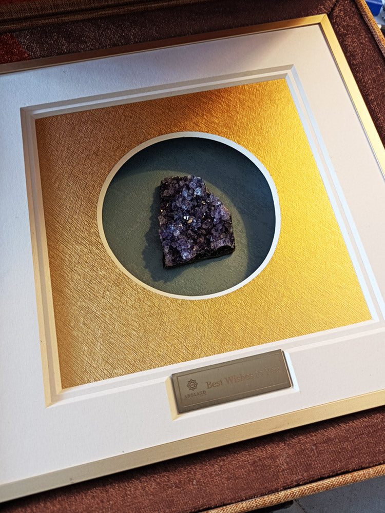 Amethyst geode shadow box bookshelf decor, natural purple crystal display piece