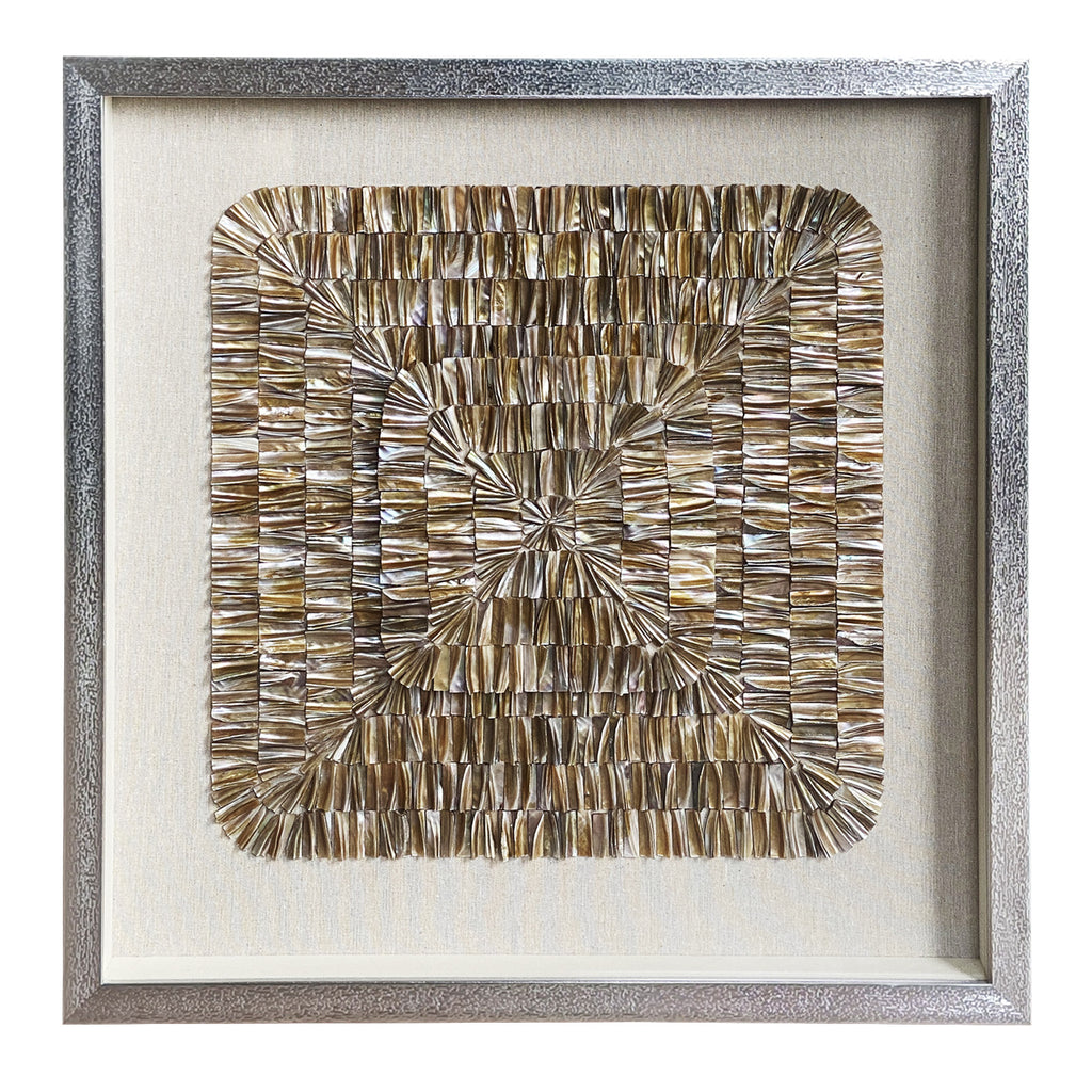 Natural Shell Mosaic Shadow Box | 24×24 in (60×60 cm) | Silver Frame | Coastal Luxury Wall Art