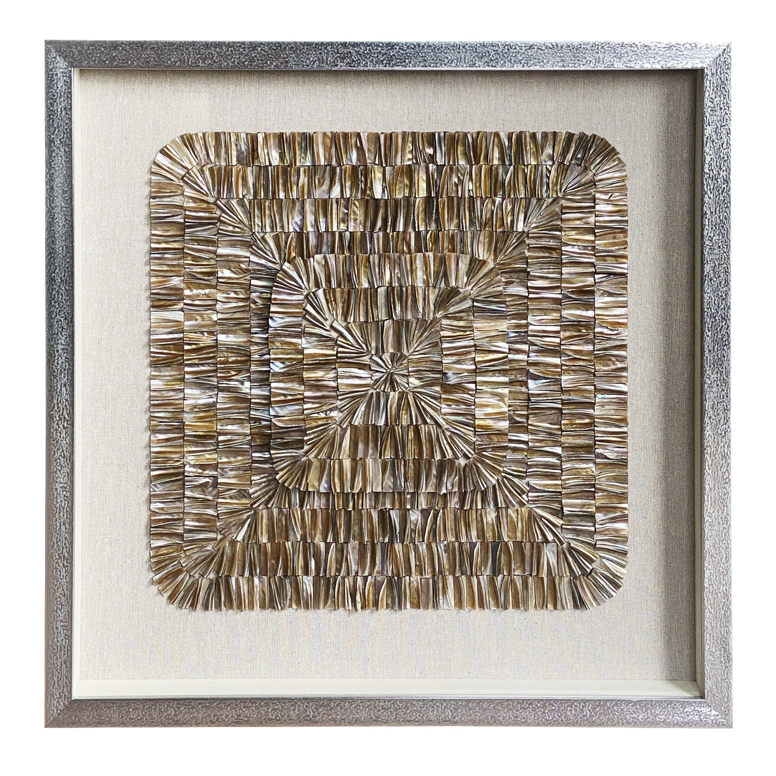 Natural Shell Mosaic Shadow Box | 24×24 in (60×60 cm) | Silver Frame | Coastal Luxury Wall Art
