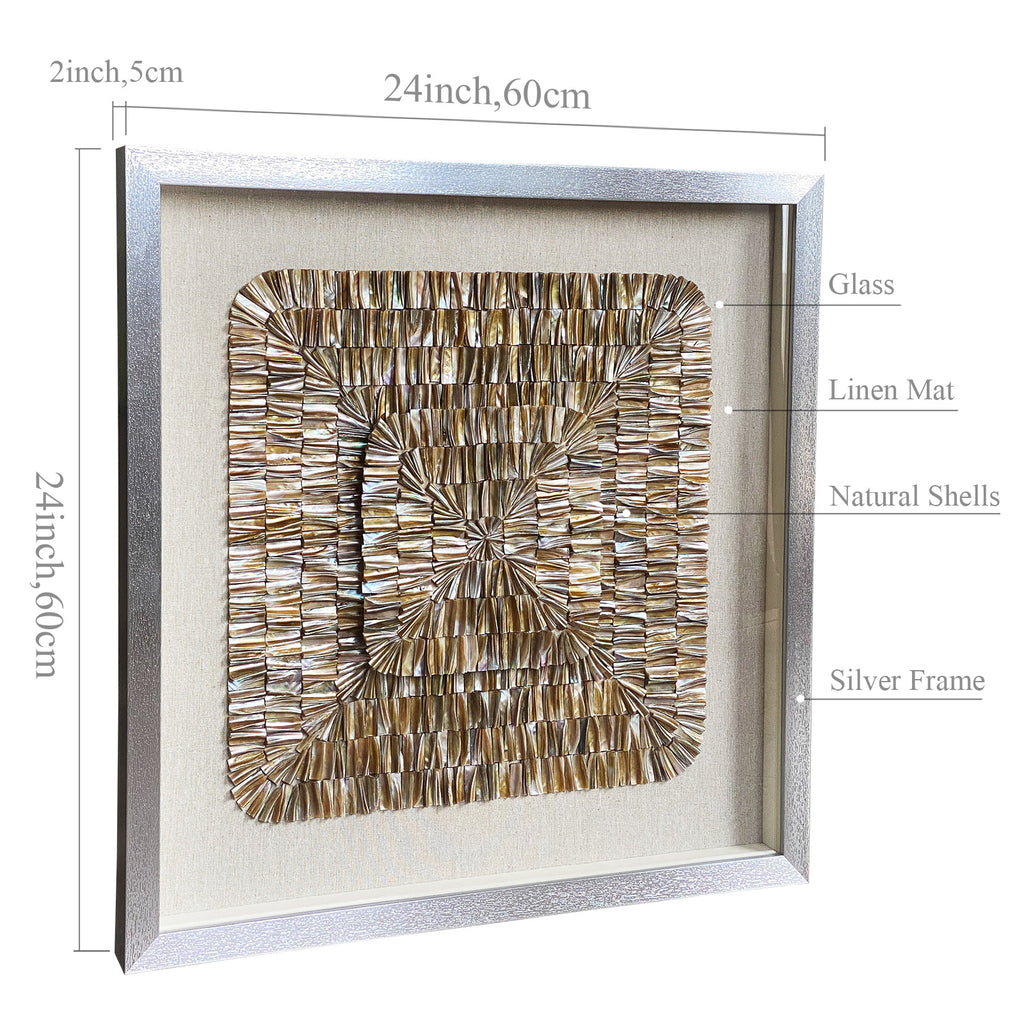 Natural Shell Mosaic Shadow Box | 24×24 in (60×60 cm) | Silver Frame | Coastal Luxury Wall Art