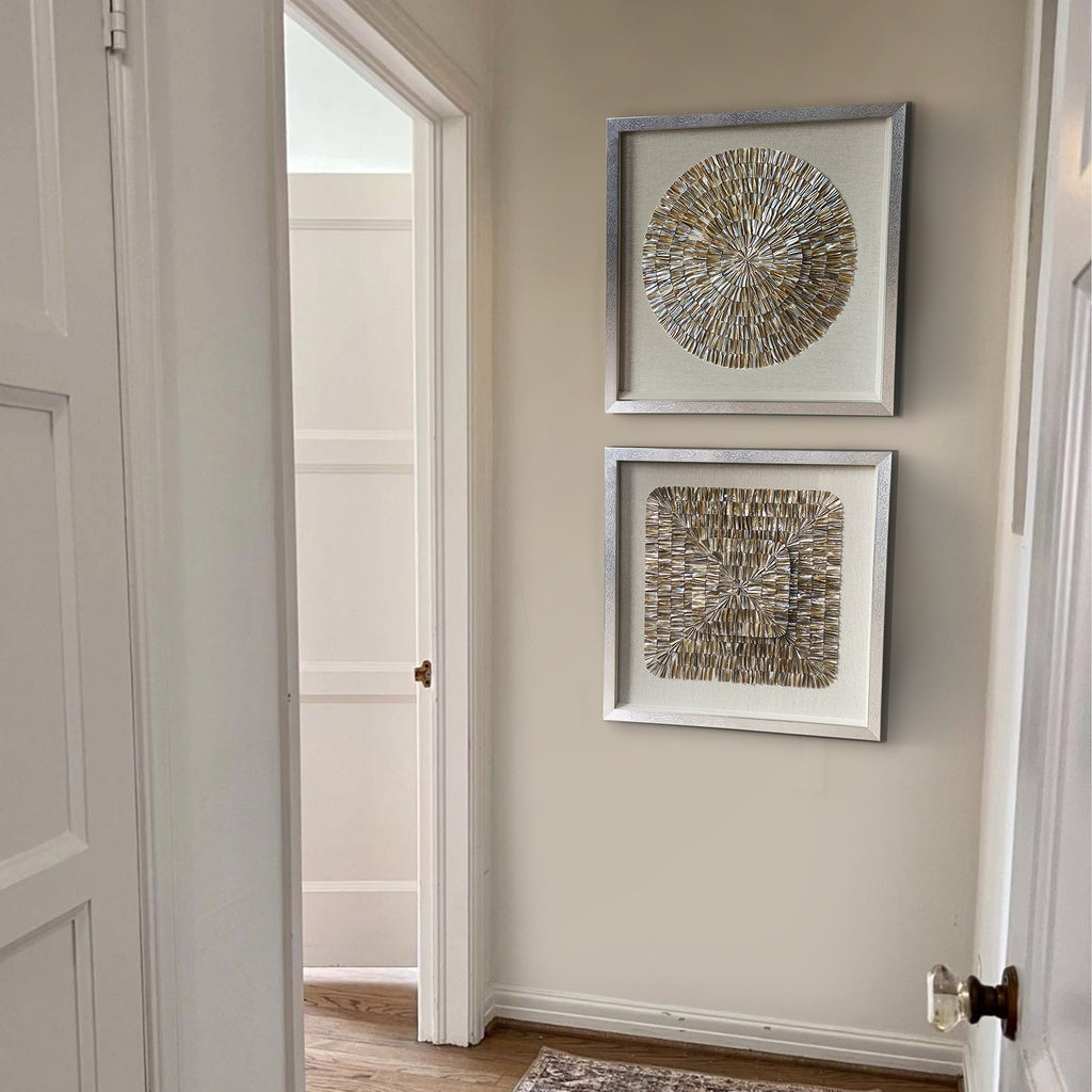 Natural Shell Mosaic Shadow Box | 24×24 in (60×60 cm) | Silver Frame | Coastal Luxury Wall Art