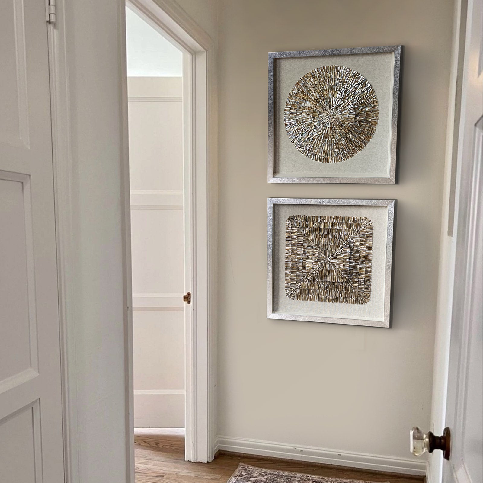 Natural Shell Mosaic Shadow Box | 24×24 in (60×60 cm) | Silver Frame | Coastal Luxury Wall Art