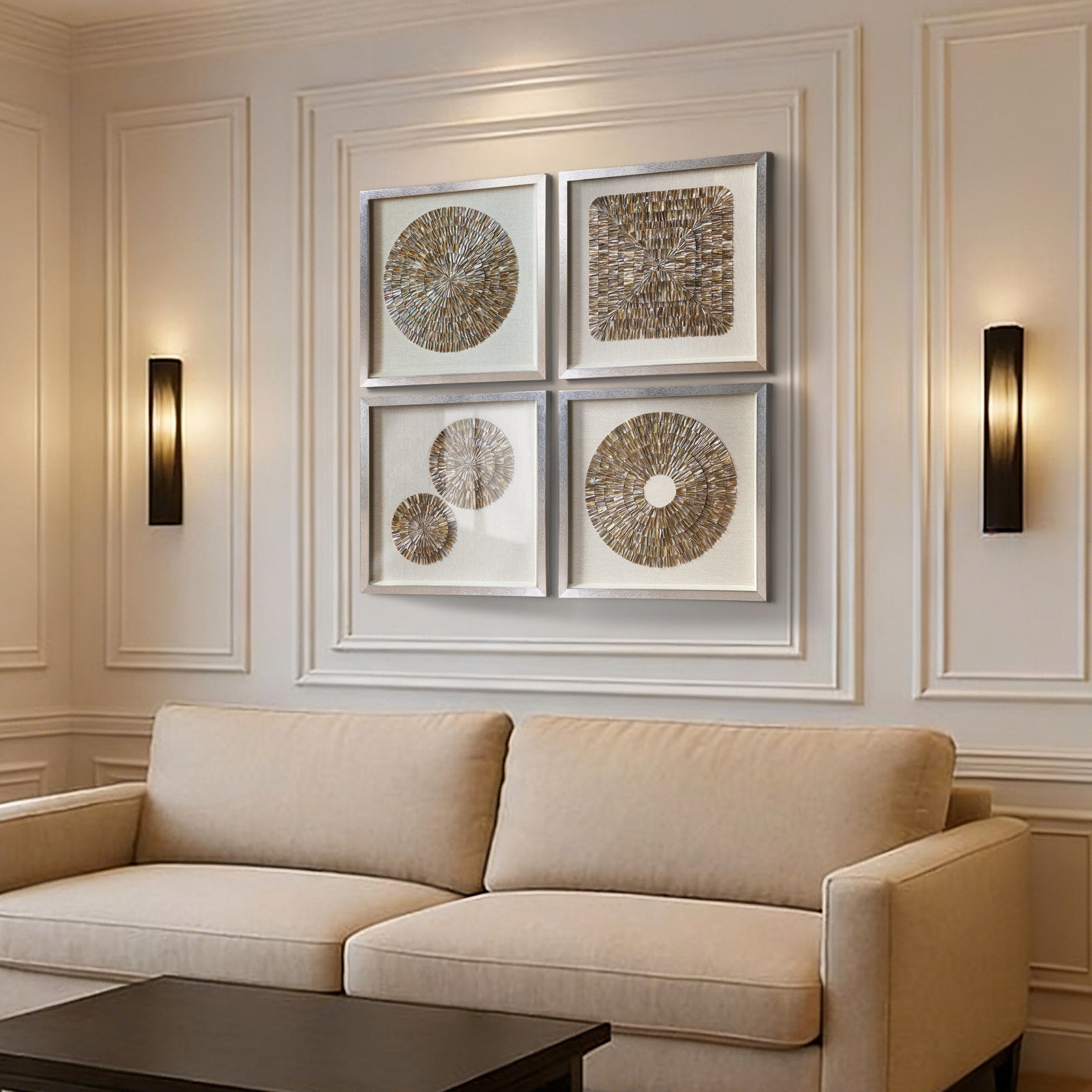 Natural Shell Mosaic Shadow Box | 24×24 in (60×60 cm) | Silver Frame | Coastal Luxury Wall Art