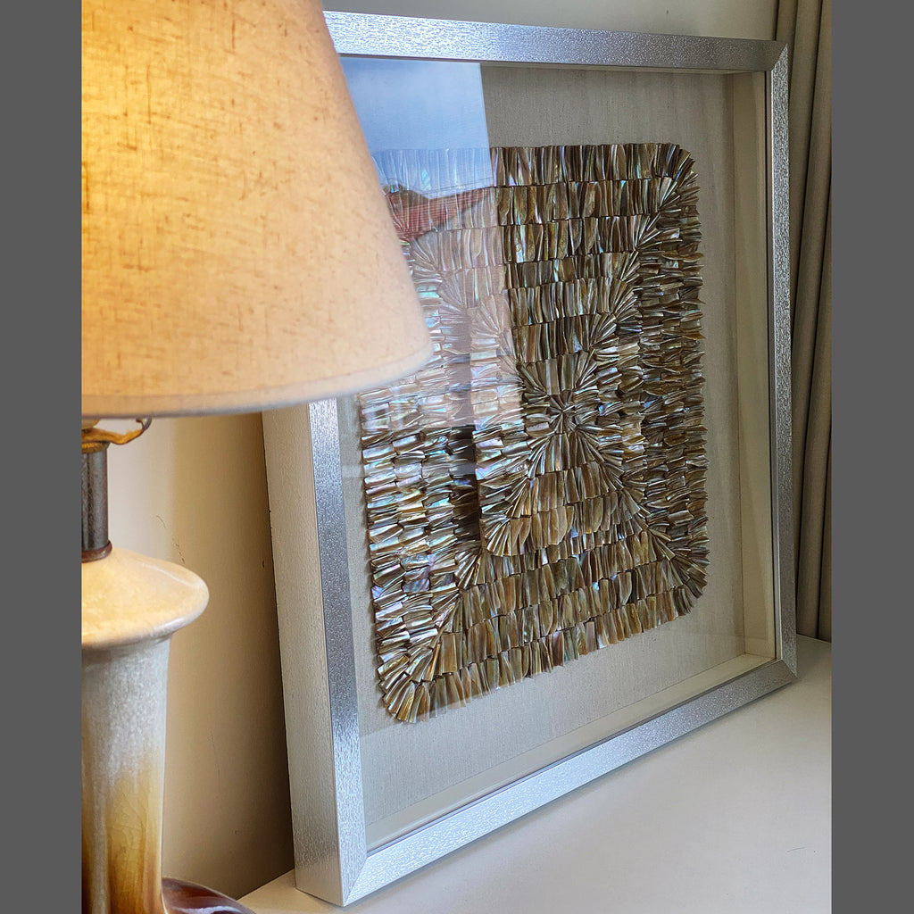 Natural Shell Mosaic Shadow Box | 24×24 in (60×60 cm) | Silver Frame | Coastal Luxury Wall Art