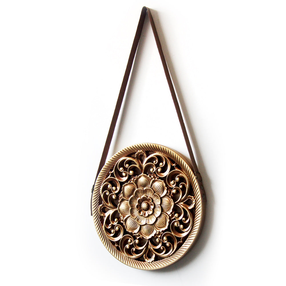 Handcrafted Lotus MDF Wall Hanging | Leather Strap & Rivet | Bohemian Wall Decor