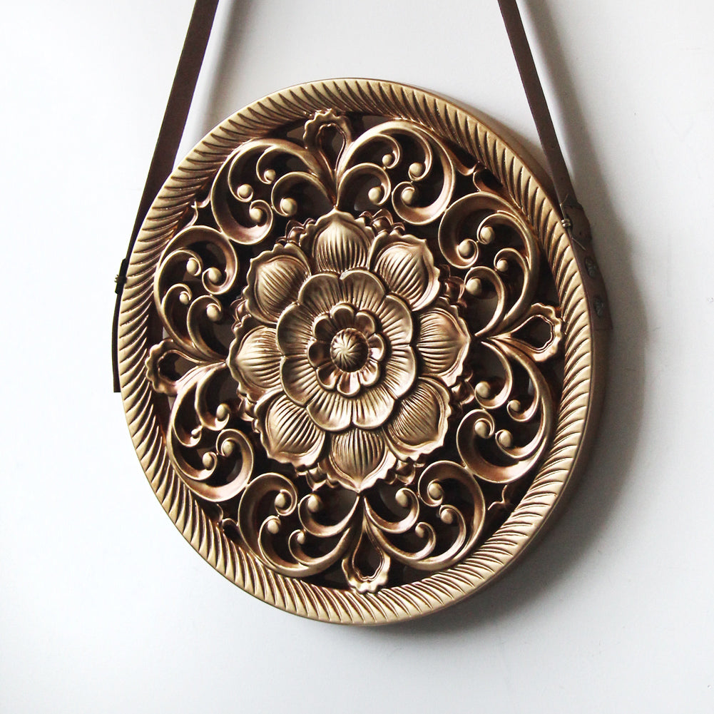 Handcrafted Lotus MDF Wall Hanging | Leather Strap & Rivet | Bohemian Wall Decor
