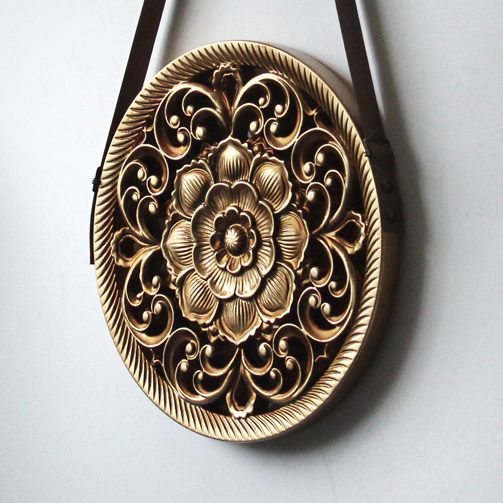 Handcrafted Lotus MDF Wall Hanging | Leather Strap & Rivet | Bohemian Wall Decor