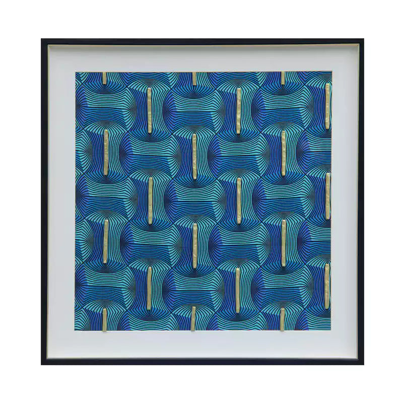32" Handcrafted Shadow Box Wall Art | Blue Textile & Gold Clay Relief | Modern Luxury Decor