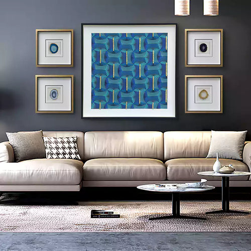 32" Handcrafted Shadow Box Wall Art | Blue Textile & Gold Clay Relief | Modern Luxury Decor