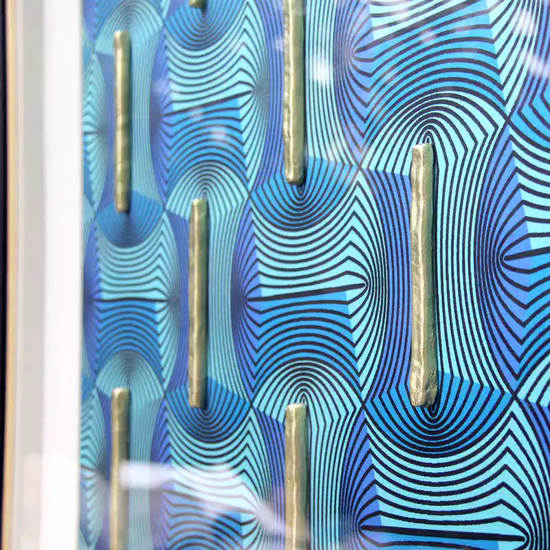 32" Handcrafted Shadow Box Wall Art | Blue Textile & Gold Clay Relief | Modern Luxury Decor