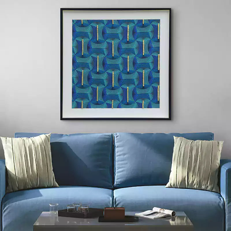 32" Handcrafted Shadow Box Wall Art | Blue Textile & Gold Clay Relief | Modern Luxury Decor